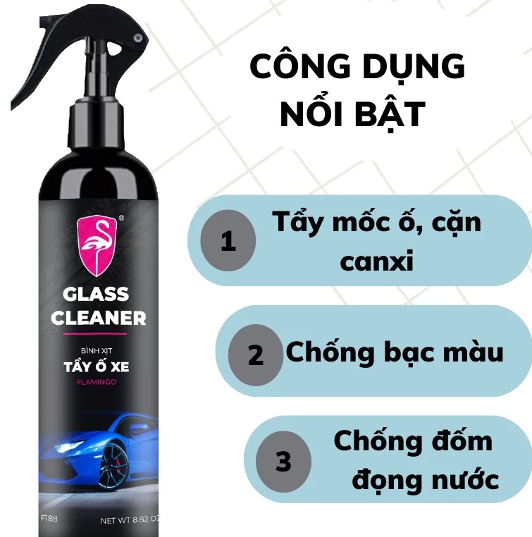 Xịt Tẩy Ố Kính Ô Tô FLAMINGO Loại Bỏ Cặn Canxi, Ố Mốc, Màng Đục, Giúp Kính Xe Hơi Trong Như Mới