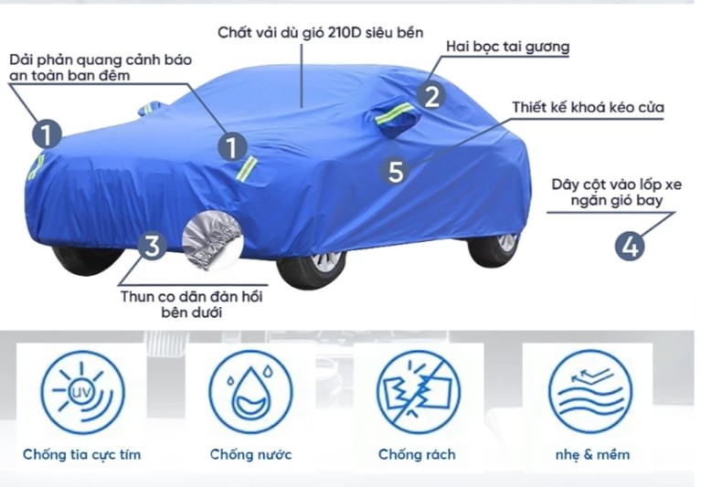 Bạt Phủ Ô Tô Vải Gió 3 Lớp Phủ Nano, Che Phủ Toàn Xe, Chống Nắng Mưa, Kèm Dây Cố Định & Túi Đựng