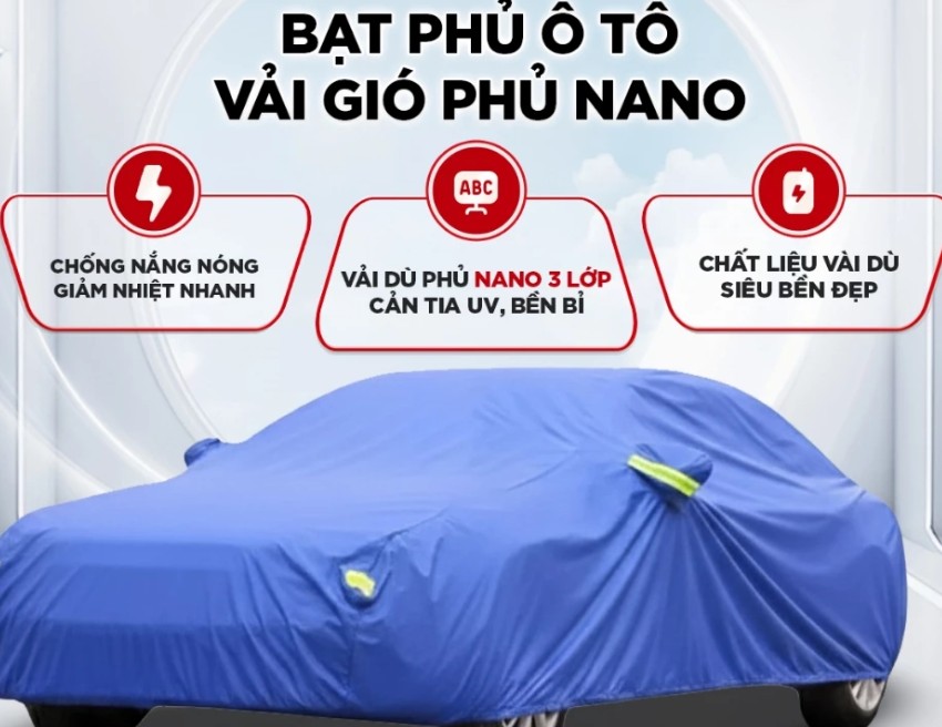 Bạt Phủ Ô Tô Vải Gió 3 Lớp Phủ Nano, Che Phủ Toàn Xe, Chống Nắng Mưa, Kèm Dây Cố Định & Túi Đựng