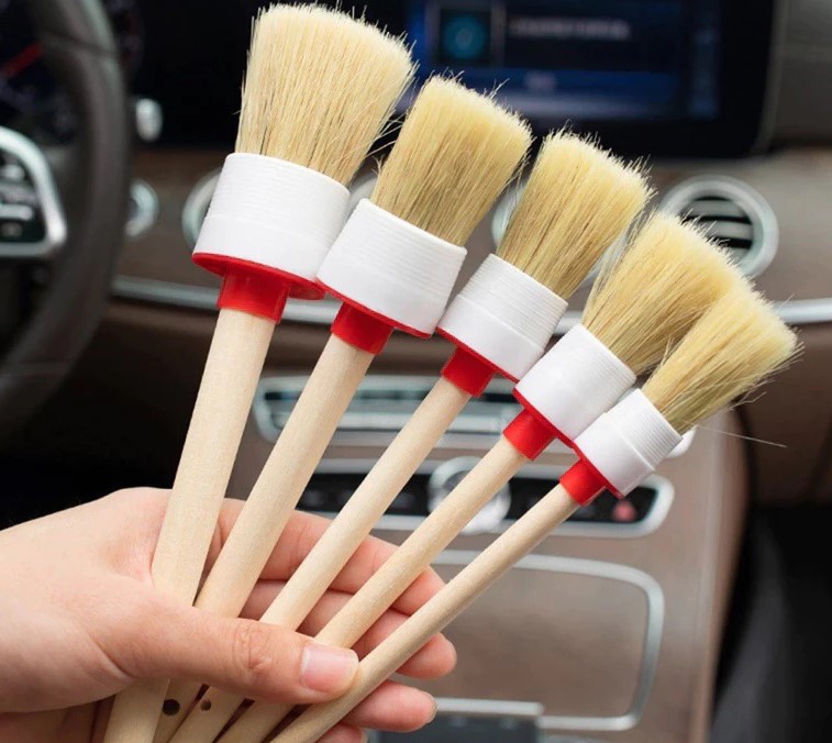 Bộ Cọ Lông Heo Cao Cấp 5 Cây Cán Gỗ, Dụng Cụ Vệ Sinh Xe Máy, Ô Tô Chuyên Nghiệp