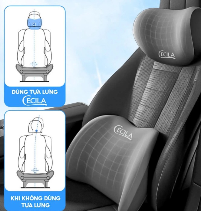 Bộ Gối Tựa Đầu & Tựa Lưng Xe Ô Tô CECILA Thiết Kế Công Thái Học Giảm Đau Cổ Vai Gáy, Thắt Lưng