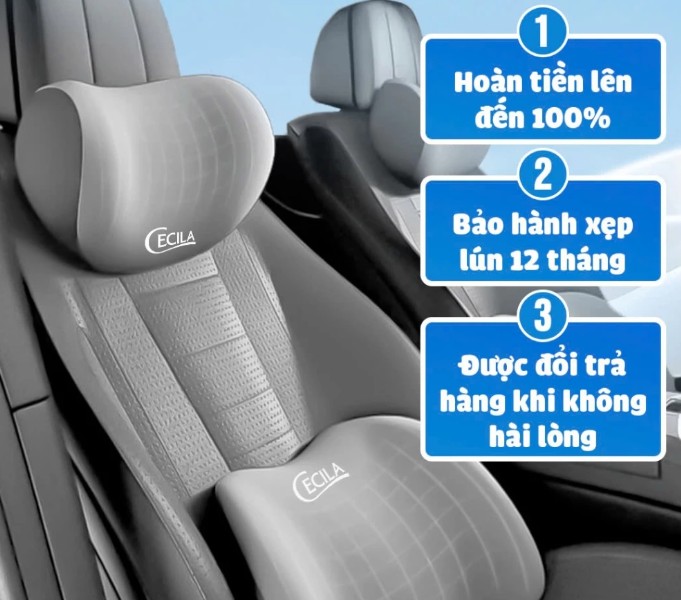 Bộ Gối Tựa Đầu & Tựa Lưng Xe Ô Tô CECILA Thiết Kế Công Thái Học Giảm Đau Cổ Vai Gáy, Thắt Lưng