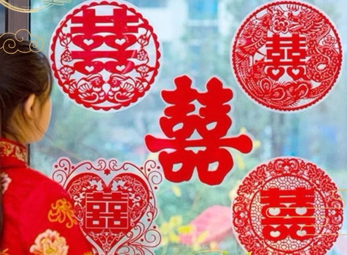 Combo 5 Miếng Hỷ, Dán Kính Xe Cưới, Kính Trang Trí Tân Hôn