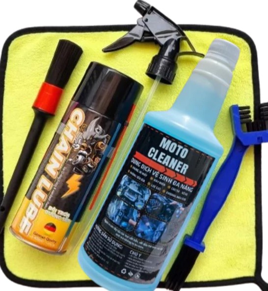 Combo 9 Món Rửa & Dưỡng Sên Xe Máy, Tẩy Sên MOTO CLEANER, Dưỡng Sên SPRAYKING