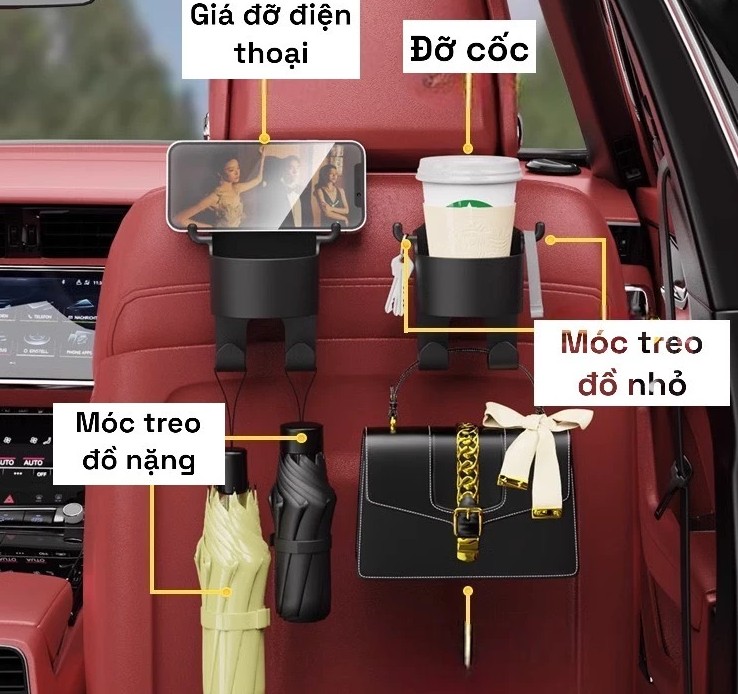 Giá Đỡ Cốc Nước Gắn Sau Ghế Ô Tô Kèm Móc Treo, Cho Không Gian Xe Gọn Gàng