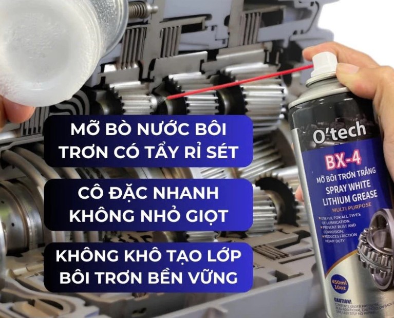 Mỡ Bò Chịu Nhiệt O’TECH BX-4 Lithium White Grease, Xịt Bôi Trơn, Tẩy Rỉ Sét Kim Loại