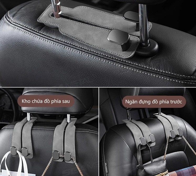 SEAMETAL Bộ 2 Móc Treo Ghế Ô Tô Kim Loại Bọc Da Lộn, Phụ Kiện Nội Thất Xe