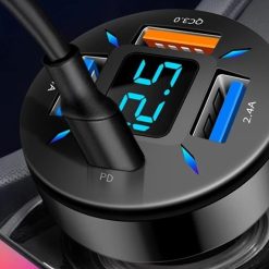 Tẩu Sạc Nhanh Ô Tô SEAMETAL QC3.0 & PD 66W, 4 Cổng USB Đa Năng, Hiển Thị Điện Áp