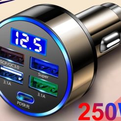 Tẩu Sạc Ô Tô 12V/24V Công Suất Lớn 5 Cổng USB & Type-C PD QC3.0, Có Đèn LED Và Màn Hình Hiển Thị