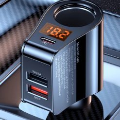 Tẩu Sạc Ô Tô Đa Năng 2 Cổng USB + Type-C PD 18W Chia 2 Lỗ Tẩu Thuốc, Sạc Nhanh QC3.0, Hiển Thị Điện Áp