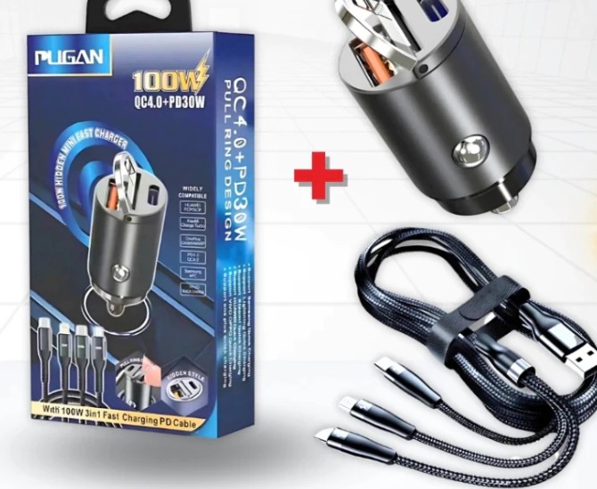 Tẩu Sạc Ô Tô PUGAN 100W – 2 Cổng USB & Type-C, Sạc Siêu Nhanh An Toàn Cho Mọi Hành Trình
