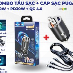 Tẩu Sạc Xe Ô Tô PUGAN 100W, 2 Cổng USB & Type-C, Sạc Siêu Nhanh An Toàn