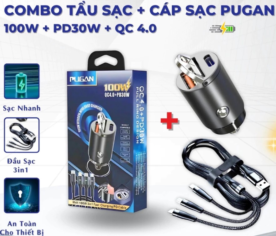 Tẩu Sạc Xe Ô Tô PUGAN 100W, 2 Cổng USB & Type-C, Sạc Siêu Nhanh An Toàn