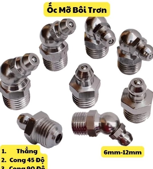 Vú Mỡ Bôi Trơn M6 M8 M10 M12 Dạng Thẳng, Cong 45°, Cong 90°, Phụ Kiện Tra Mỡ Cơ Khí