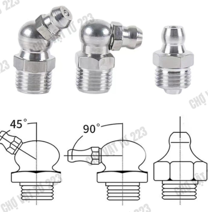 Vú Mỡ Bôi Trơn M6 M8 M10 M12 Dạng Thẳng, Cong 45°, Cong 90°, Phụ Kiện Tra Mỡ Cơ Khí