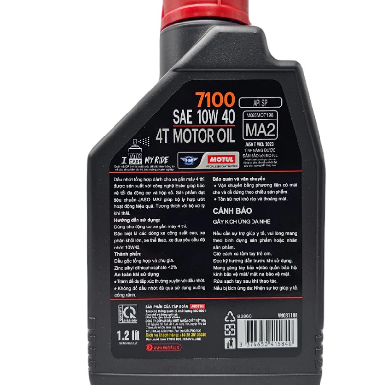 Motul 7100 10W40 Nhớt Tổng Hợp 100% Gốc Ester Cho Xe Số, Côn Tay API SP