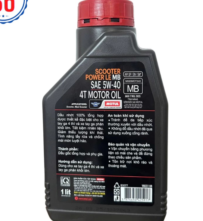 Nhớt Tổng Hợp 100% Xe Tay Ga Motul Scooter Power LE 5W40